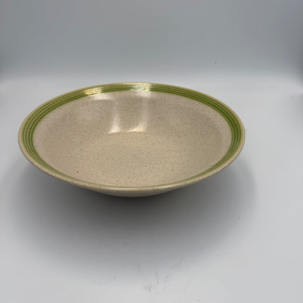 Kilncraft Japan Stoneware Bowl Green Striped Rim Speckled Cream Vintage 9 inch